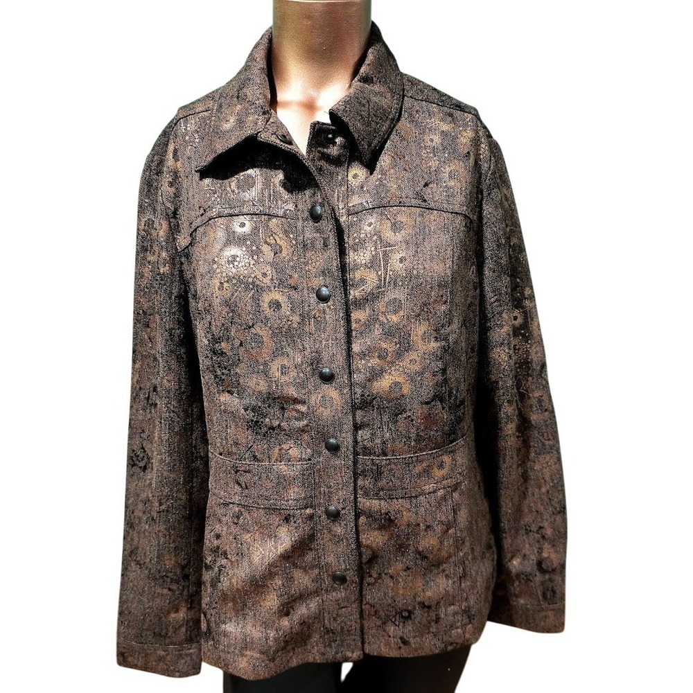 Coldwater Creek Foil Print Casual Jacket Brown Bronze Copper Women's Size 10 NWT